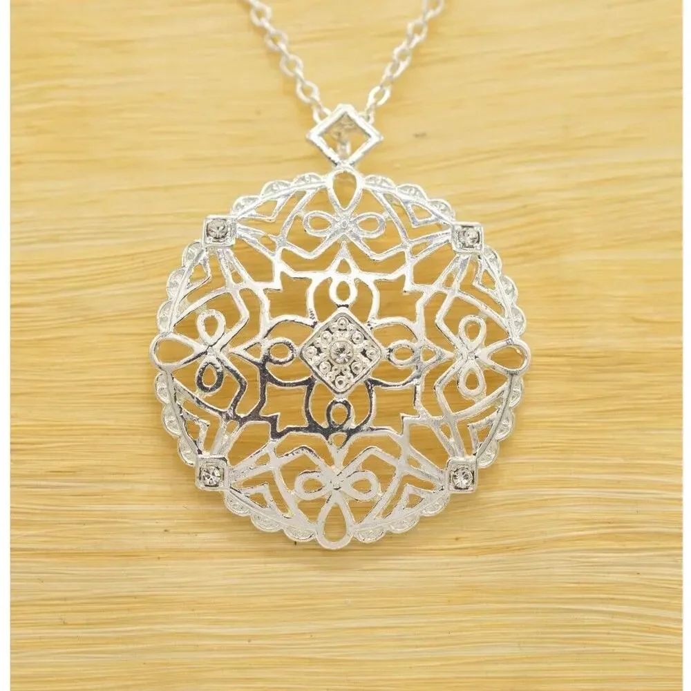 Avon Vintage Necklace Pendant Crystal Silver Filigree Nina Ricci NR Signed 9J